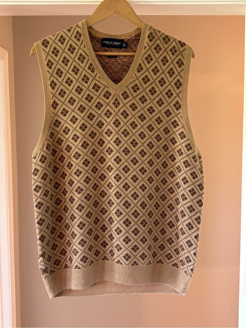 Ralph Lauren Golf Beige and Brown Diamond Knit V-Neck Sweater Vest